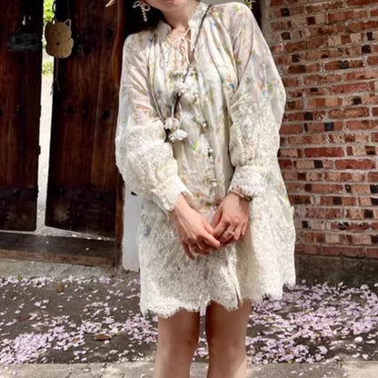 2025 Fish bone wide lace collage Quan ramie plant printing and dyeing dress loose doll short skirt