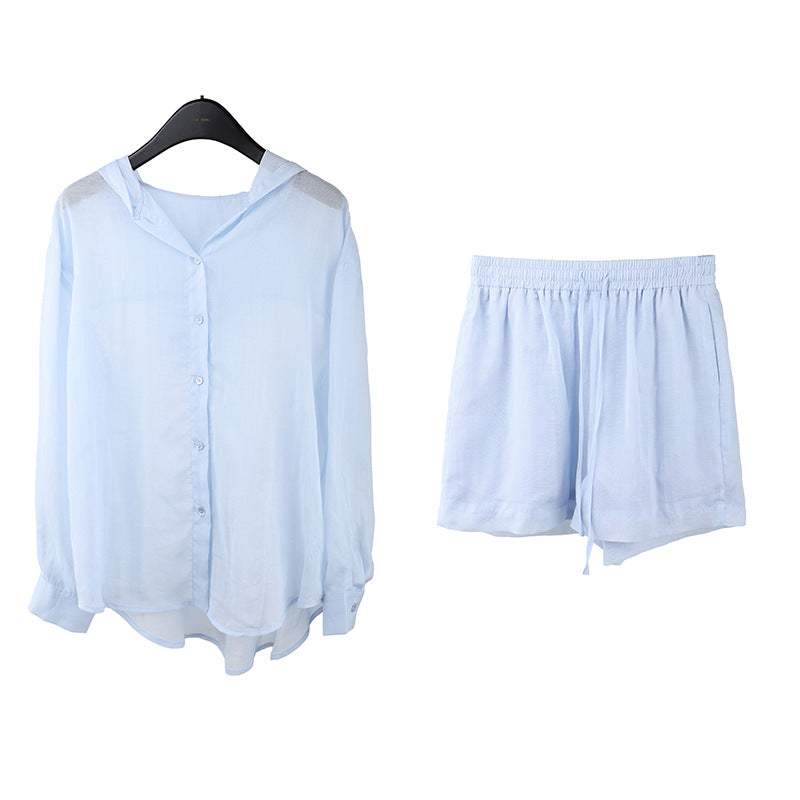 2025  linen tencel hooded sunscreen shirt + lace-up shorts women's 2025 casual fashion suit T5031X