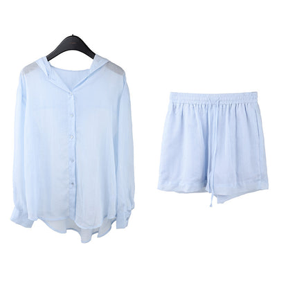 2025  linen tencel hooded sunscreen shirt + lace-up shorts women's 2025 casual fashion suit T5031X