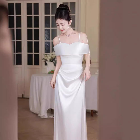 2025 White evening dress  new high-end engagement temperament fairy dress coming of age light luxury niche graduation