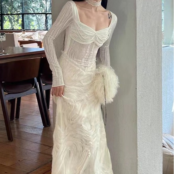 2025 24 Early spring new  romantic white texture splicing design generous neck knitted dress
