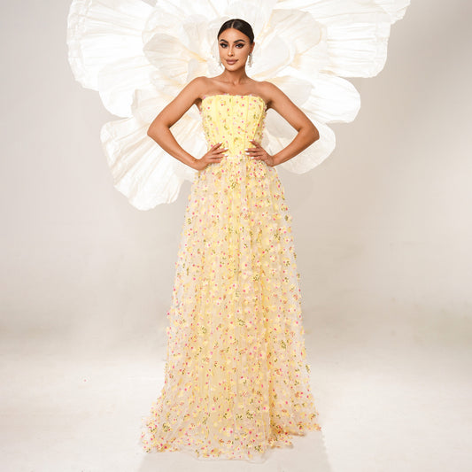 2025 high-end sleeveless temperament one-word collar long banquet evening dress bridesmaid dress mesh pendulum dress