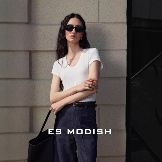 2025 ES MODISH Spring New Product Waist Skinny Shoulder U-Neck Short Sleeve T-Shirt Women's Design Versatile Tencel Top
