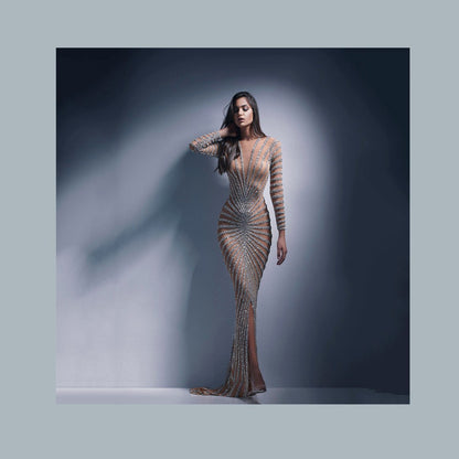 2025 New spring new 2025 fashion hot diamond women's clothing mesh evening dress long-sleeved split-ended long dress dress