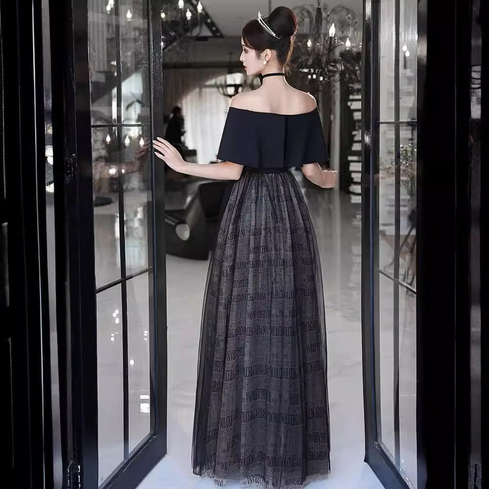 2025 Black evening dress women's light luxury temperament high sense super fairy one-word shoulder dress annual meeting party host performance