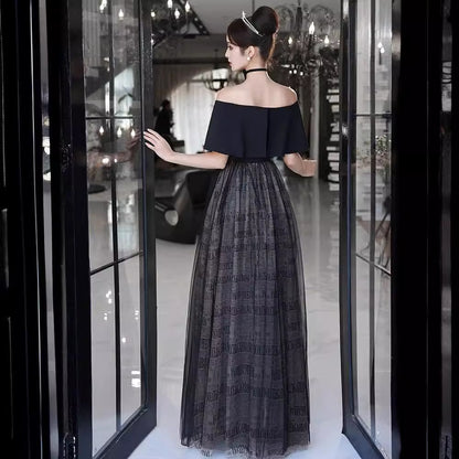 2025 Black evening dress women's light luxury temperament high sense super fairy one-word shoulder dress annual meeting party host performance