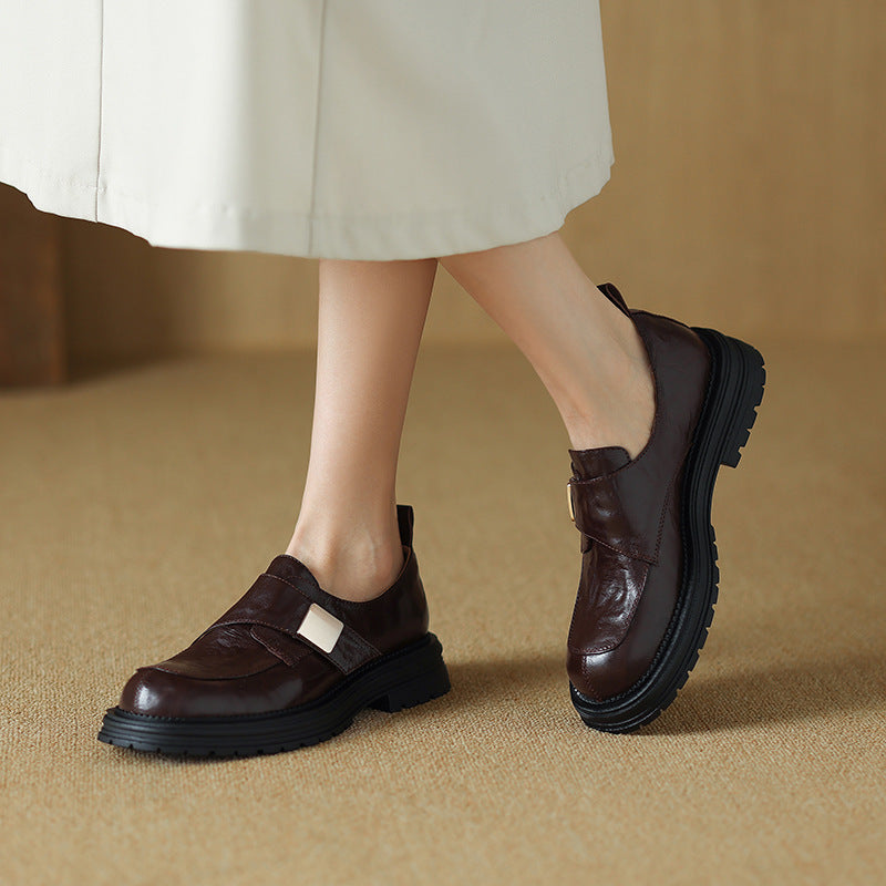2025 Sheepskin version~ popular new retro British round head platform loafers hand-scratched sheepskin one-pedal single shoes women