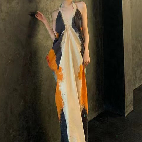 2025 24 spring and summer, oil painting rock color rendering lanyard dress, beautiful romantic classical fairy