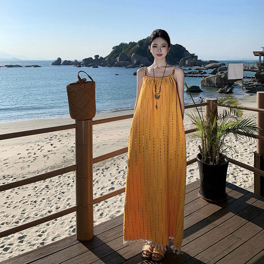 2025 Yellow fringed embroidered suspender dress for women, super good-looking vacation temperament long dress, beautiful Xishuangbanna beach dress