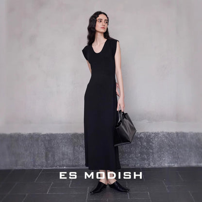 2025 ES MODISH Spring New Product Big Brand Feeling Inner U-Neck Sleeveless Solid Color Dress  Tencel Waist Long Dress