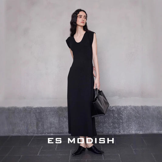 2025 ES MODISH Spring New Product Big Brand Feeling Inner U-Neck Sleeveless Solid Color Dress  Tencel Waist Long Dress