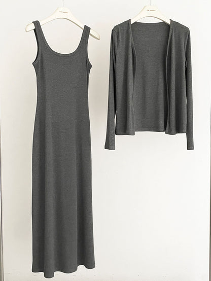 2025 ES MODISH spring new product exquisite solid color outer knitted shirt + tube top suspender dress set women