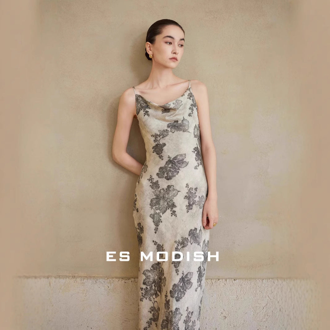 2025 ES MODISH Spring New Product Vacation Style Retro Printed Suspender Dress with High Waist Sexy Long Dress Women