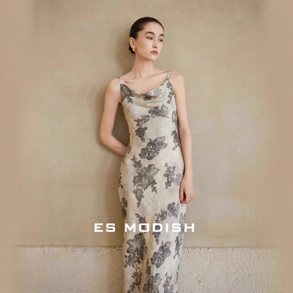 2025 ES MODISH Spring New Product Vacation Style Retro Printed Suspender Dress with High Waist Sexy Long Dress Women