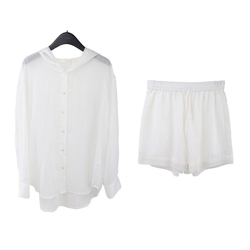 2025  linen tencel hooded sunscreen shirt + lace-up shorts women's 2025 casual fashion suit T5031X