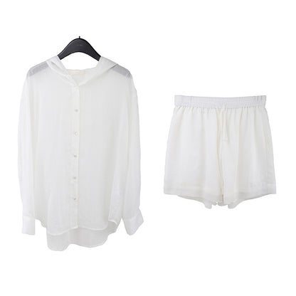 2025  linen tencel hooded sunscreen shirt + lace-up shorts women's 2025 casual fashion suit T5031X