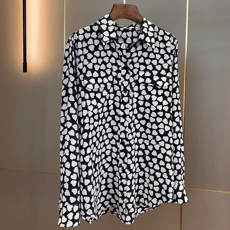 2025 Love polka dot silk shirt design sense niche summer long-sleeved mulberry silk printed shirt loose top women's clothing