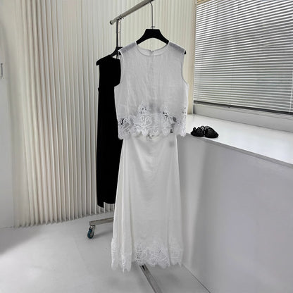 2025 Heavy water-soluble lace splicing linen crew neck vest elegant skirt women, two-piece set