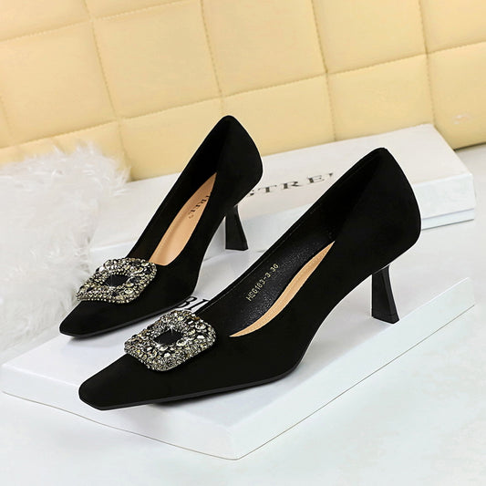 2025 6183-3K83  style fashion banquet women's shoes thin heel high heel suede light mouth square head metal rhinestone buckle single