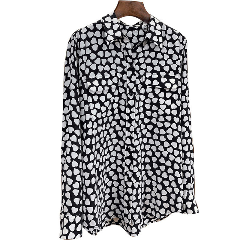 2025 Love polka dot silk shirt design sense niche summer long-sleeved mulberry silk printed shirt loose top women's clothing
