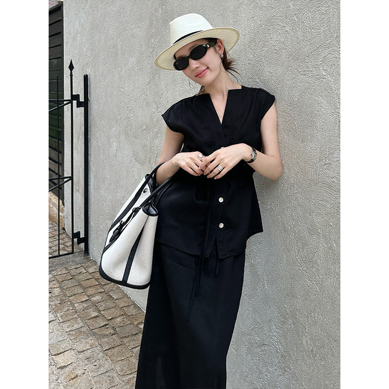 2025  Tencel linen lace-up sleeveless shirt women's 2025 summer new versatile cardigan top T5050X