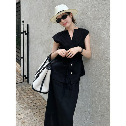 2025  Tencel linen lace-up sleeveless shirt women's 2025 summer new versatile cardigan top T5050X