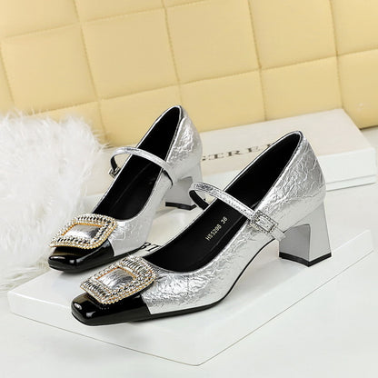 2025 5298-K32  banquet women's shoes thick heel medium heel light mouth color matching square head metal rhinestone buckle one-word belt single shoes
