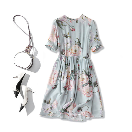 2025 Silk dress women's summer  new casual versatile GAO end printed mulberry silk temperament women's mid-skirt