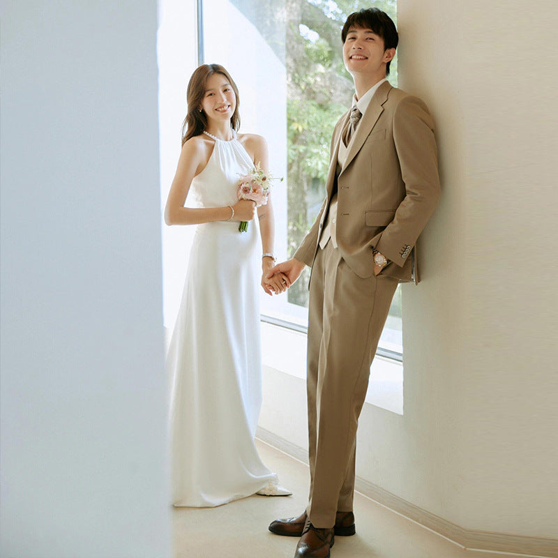 2025 light wedding dress bridal simple temperament white satin pearl neck dress exterior fishtail dress going out yarn