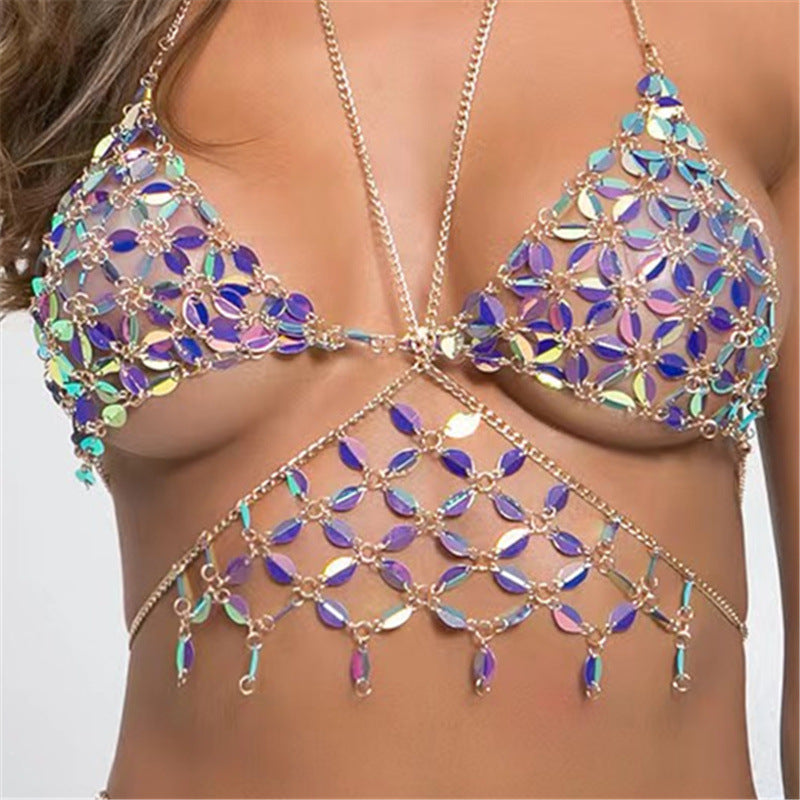2025 MW3157  vest leaf shape sequined splicing neck V-neck chest wrap top small vest body chain