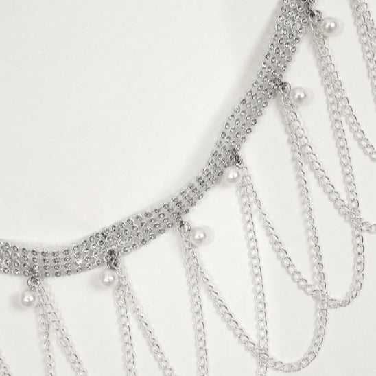 2025 3423  waist chain personalized pearl pendant rhinestone connected multi-layer wave fringed chain waist chain waist