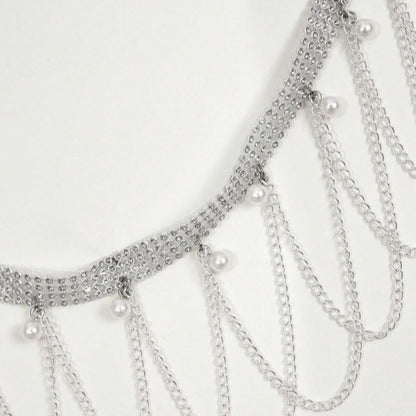 2025 3423  waist chain personalized pearl pendant rhinestone connected multi-layer wave fringed chain waist chain waist