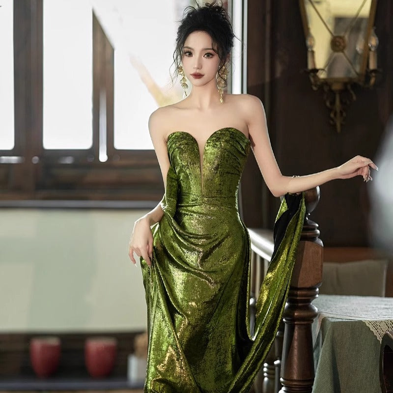 2025 Green tube top morning gown fishtail sequined toast bride wedding engagement sexy halter evening dress birthday party