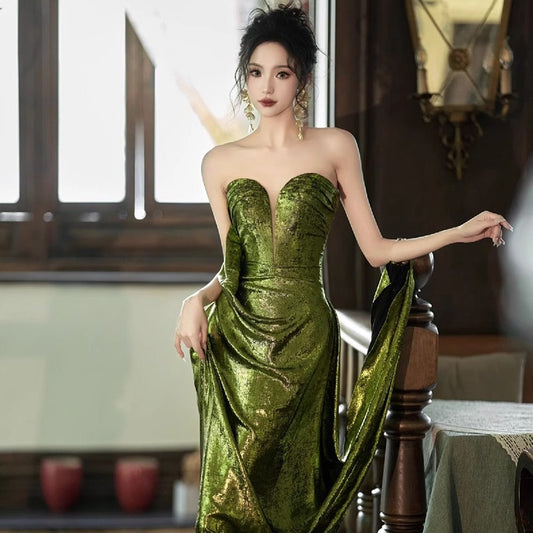2025 Green tube top morning gown fishtail sequined toast bride wedding engagement sexy halter evening dress birthday party