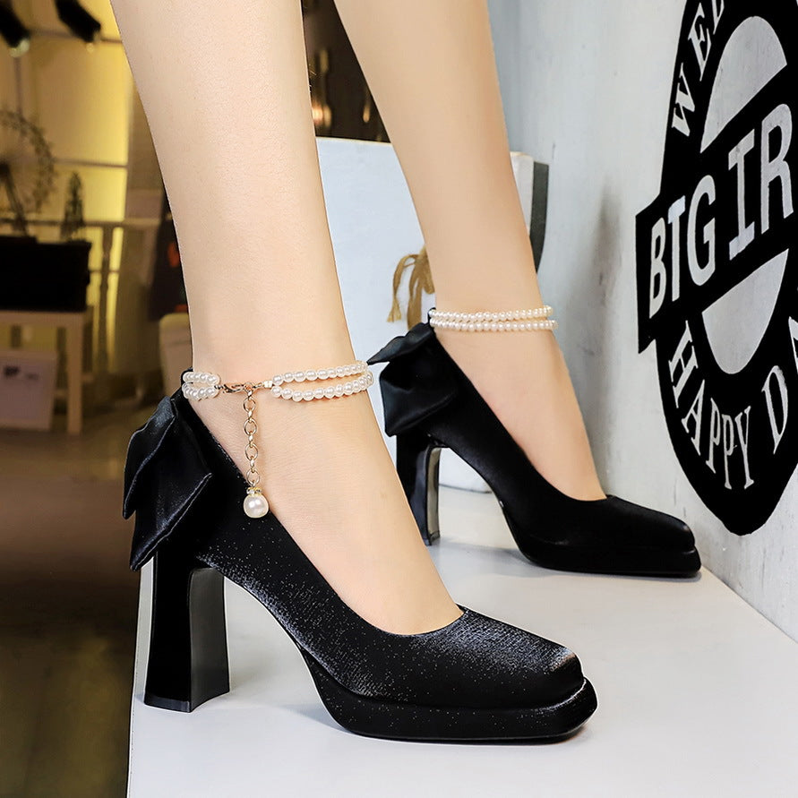 2025 9982-H78TP  Xiaoxiangfeng square head waterproof table high heels back bow pearl chain one-word belt single shoes