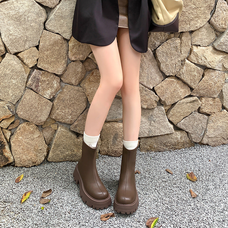 2025 High-heeled short boots for women's popular winter new versatile thick-soled heightening elastic thin boots round-toed Martin boots for women