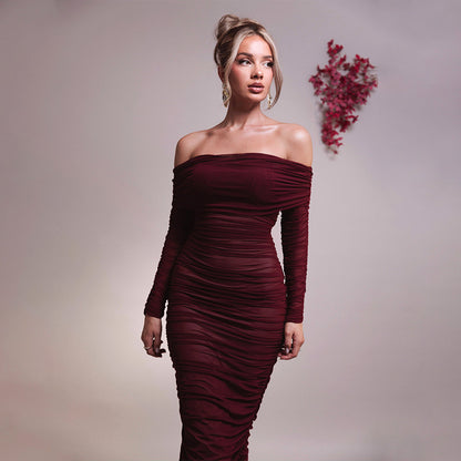 2025 New new mesh one-word shoulder pleated dress Popularan beautiful woman decoration body long-sleeved hip-wrapped dress