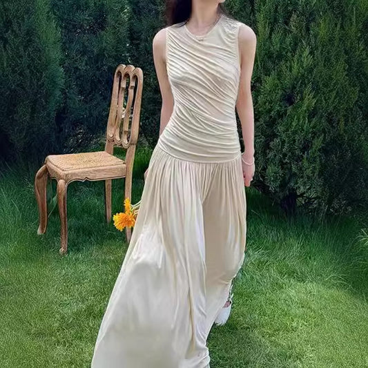 2025 solid color vest pleated dress women's summer popular new slim-fitting sleeveless high-end casual long skirt