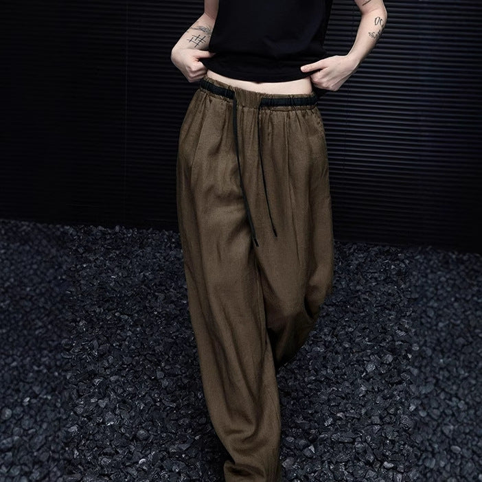 2025 Coffee casual linen wide-leg pants women's  spring new simple and versatile relaxation lazy wind