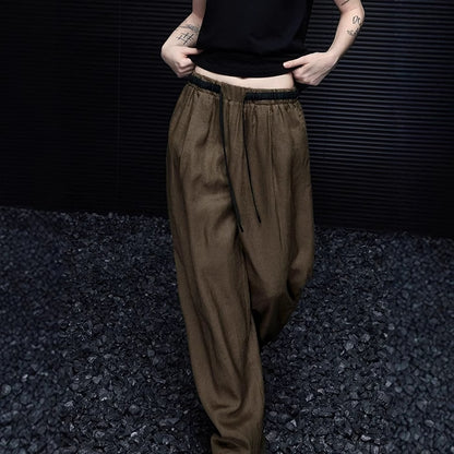 2025 Coffee casual linen wide-leg pants women's  spring new simple and versatile relaxation lazy wind