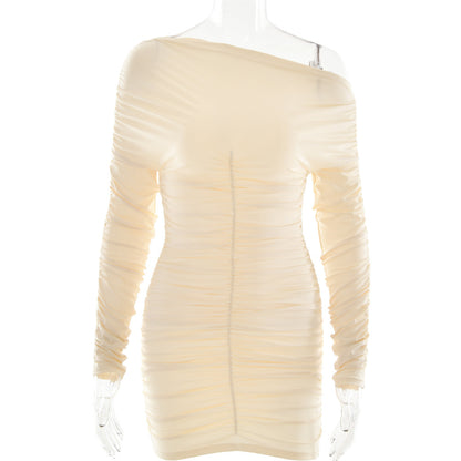 2025 New new women's clothing solid color slanted shoulder autumn and winter hip dress long sleeve pleated slim dress