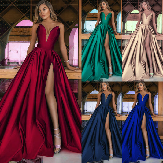 2025 New spring and summer new 2025 New women's clothing sexy deep V split dress solid color pendulum dress, wedding dress