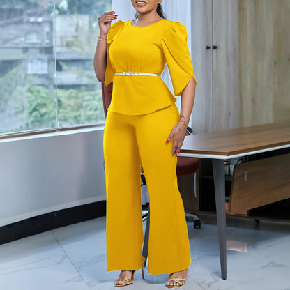 2025 D558 Popular trade women's clothing 2025 new fashion temperament elegant solid color top wide leg pants two-piece set 2025 suit