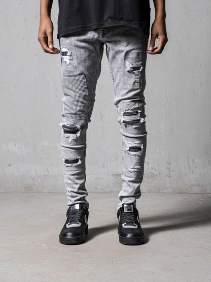 2025 Popularan, 2025n autumn and winter men's ripped and thin skinny jeans pants Popularan station INS explosion ripped patch pants