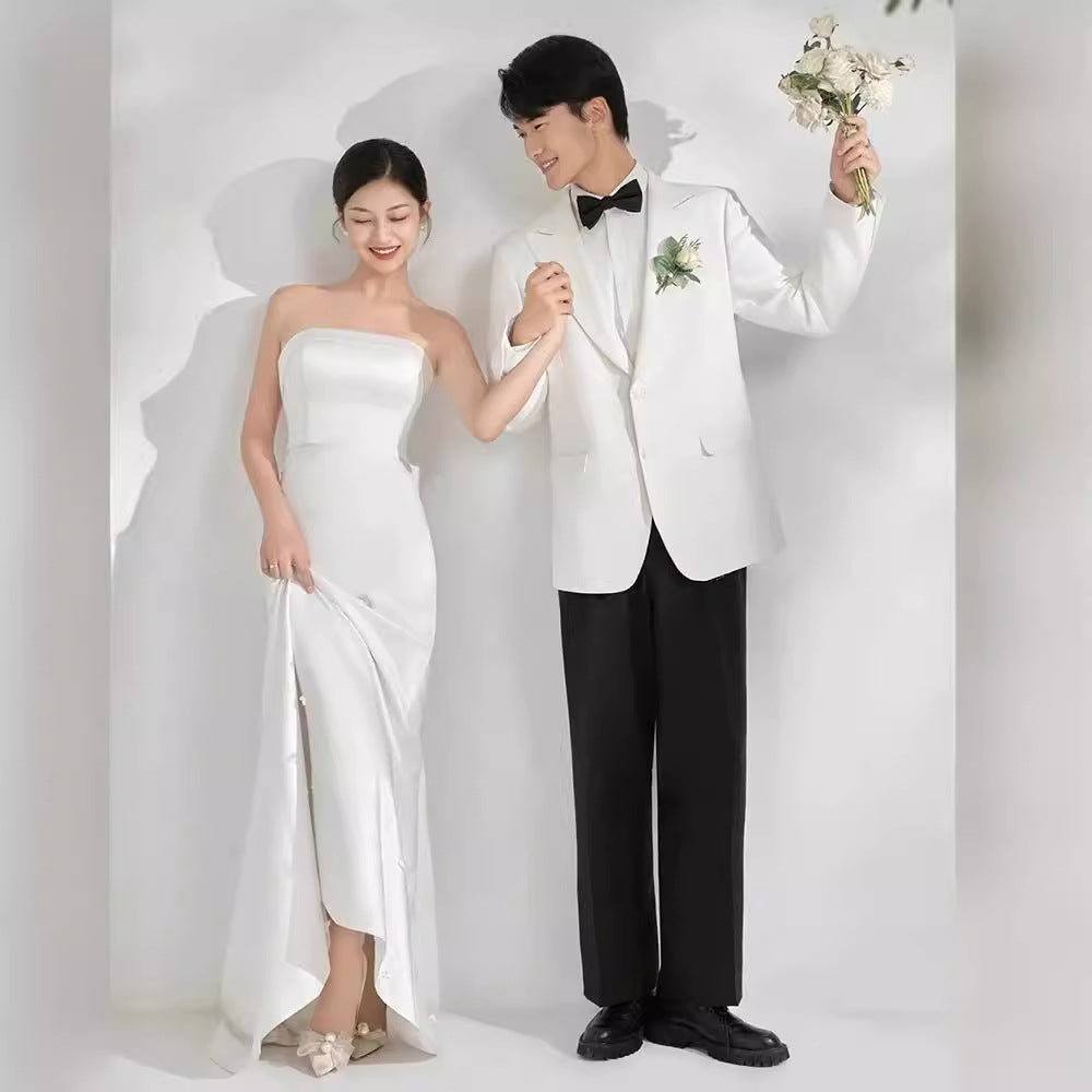 2025 tube top light wedding dress bridal travel photography simple  high-end satin door yarn fishtail dress temperament small trailing