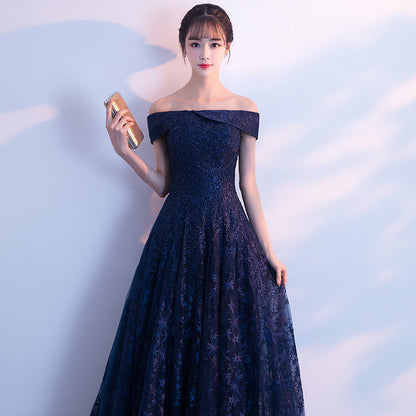 2025 One-word shoulder evening dress popular autumn new elegant aura queen fairy dream long banquet dress dress dress girl