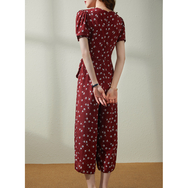 2025 Floral silk jumpsuit women's  summer short-sleeved V-neck high-waisted mulberry silk wide-leg pants women's fashion dress