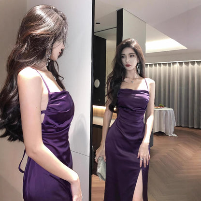 2025 Purple evening dress women's high-end banquet dress toast dress annual meeting sexy backless strap suspender dress