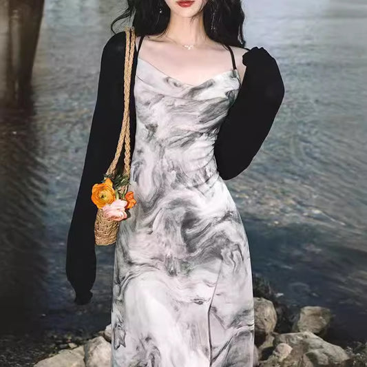 2025 Spot new Chinese ink painting swing collar sling backless dress floating rope and knitted sunscreen shawl super fairy set
