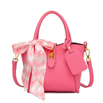 XAKXX 2025 New Fashion Silk Scarf Portable Bucket Bag Women's Bag High-end Litchi Pattern One Shoulder Crossbody Simple Mother and Child Bag